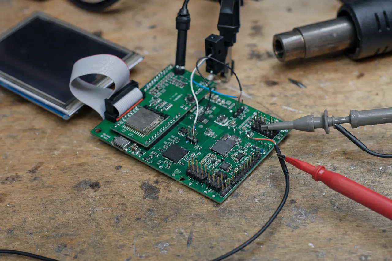 Bespoke embedded hardware under test on a workshop bench.