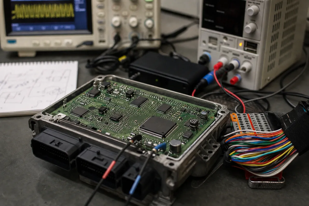 An ECU on the bench during reverse engineering and bench testing.