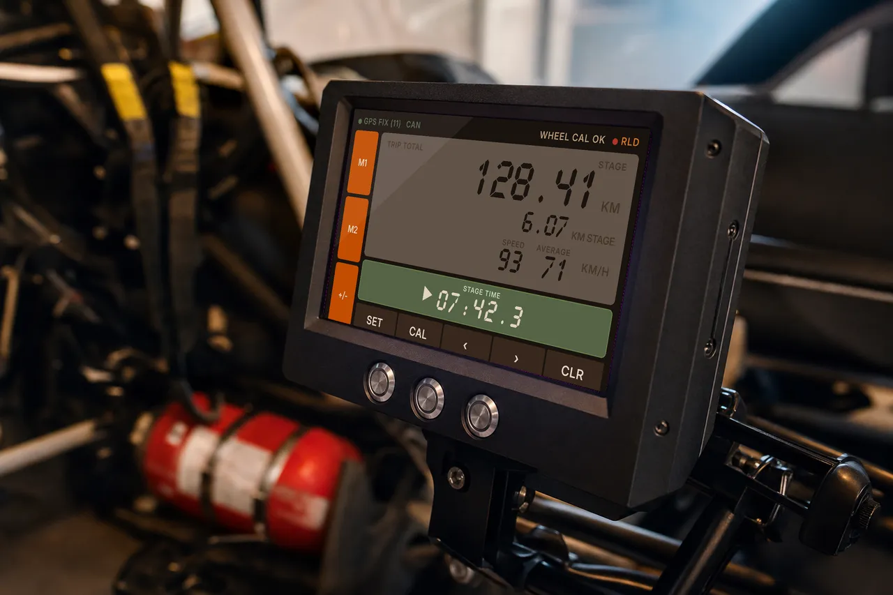 The MI Rally rally computer concept showing precision distance and stage timing.