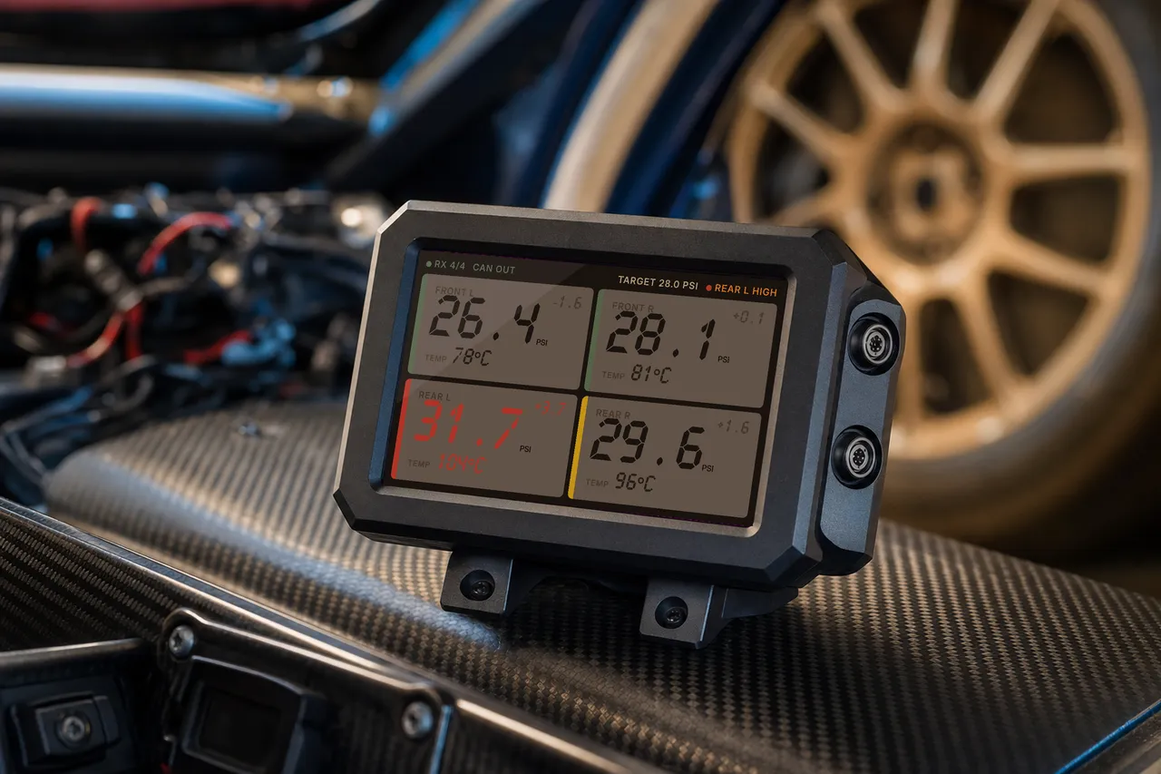 The MI TPMS race tyre pressure and temperature monitoring hardware.