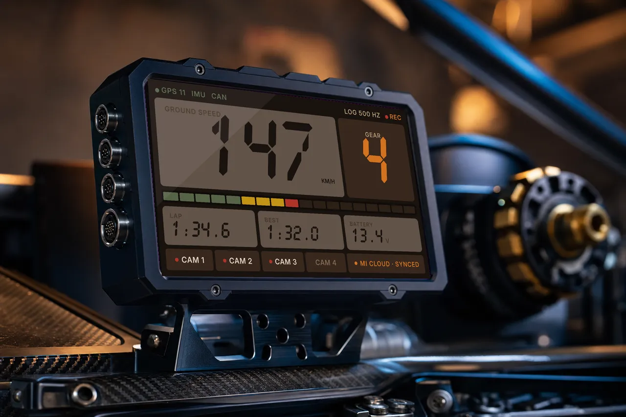 The MI Zero cloud-connected dash, logging and video unit on a workshop bench.